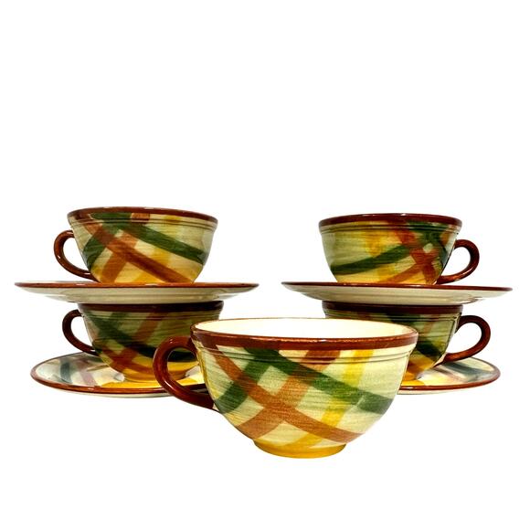 Metlox MCM Vernonware Poppytrail Homespun 4 Coffee Cups/Saucers Sets + Saucer - Picture 1 of 6